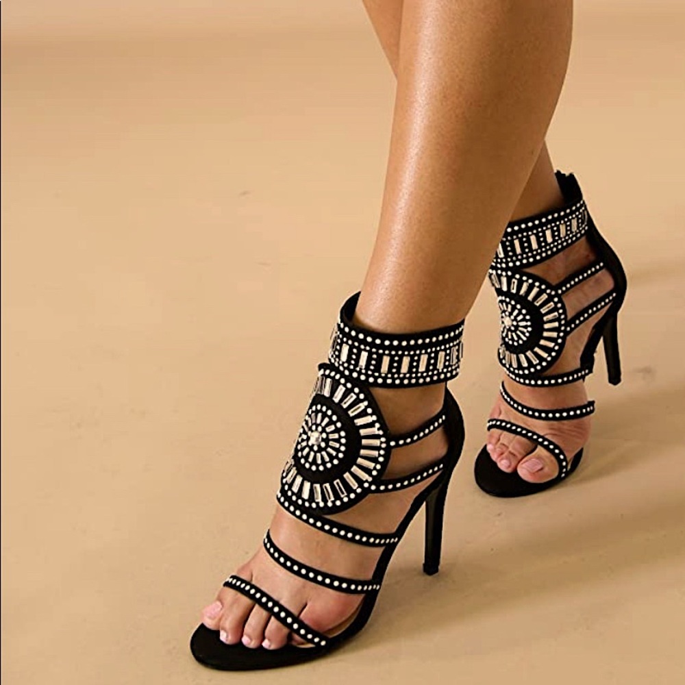 Strappy Sandals|Embellished Rhinestone Jeweled| Stiletto Gladiator Heels Sandal.